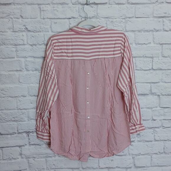 Jane & Delancey Stripe Shirt Womens L Button Front Long Sleeve Pink White - Picture 6 of 6